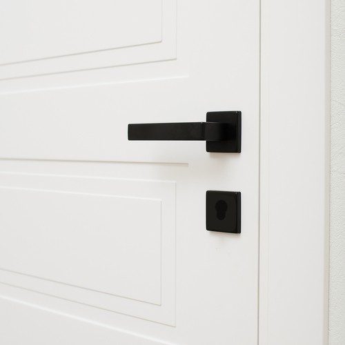black door handles on a white wooden door