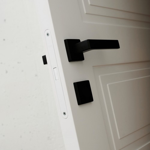 black door handles on a white wooden door