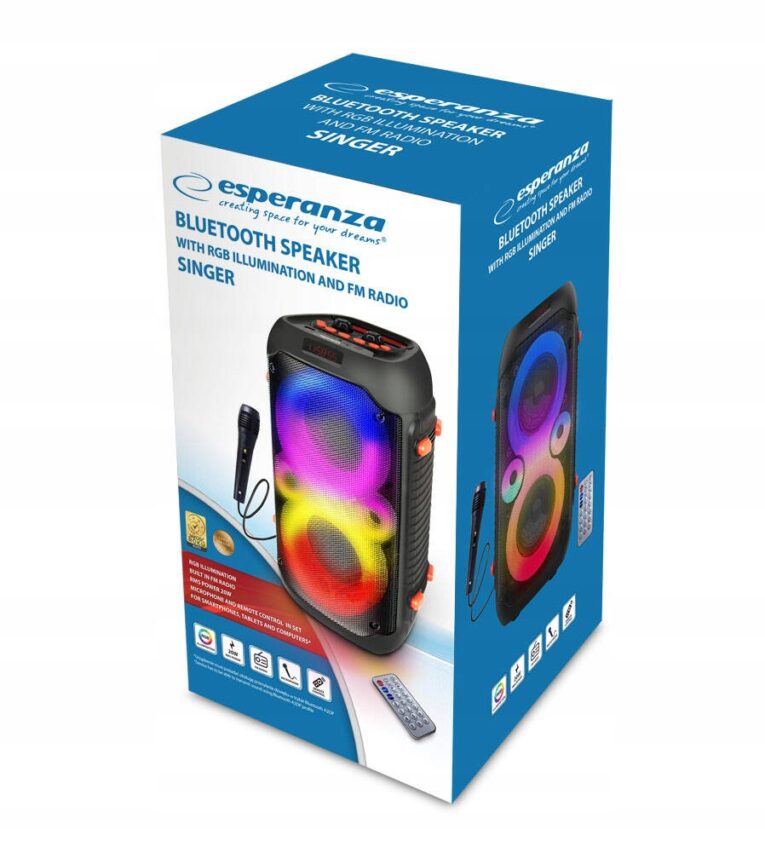 Glosnik-BEZPRZEWODOWY-PRZENOSNY-LED-KARAOKE-BLUETOOTH-RADIO-FM-USB-RGB-Szerokosc-produktu-23-cm