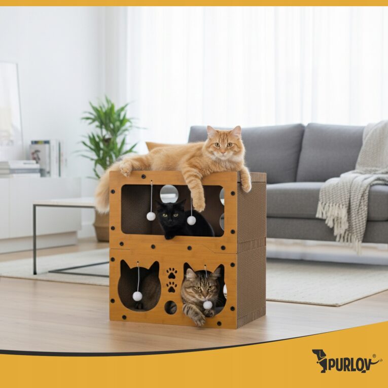 Drapak-Domek-dla-Kota-Purlov-Dwupietrowy-Legowisko-z-Tektury-i-HDF-Wysokosc-cm-do-60-cm